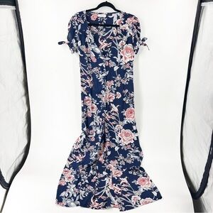 ✅ Flynn Skye Ale Maxi Dress Womens SMALL Rosey Waters Blue Floral Rayon Buttons